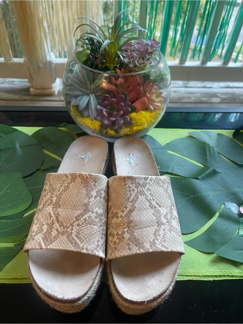 Woven Platform Slide Sandals in Metallic Nude